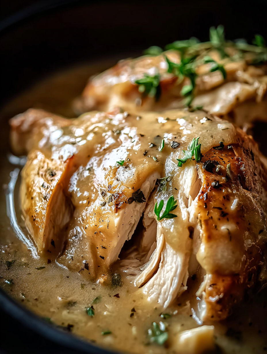Nahaufnahme einer Hühnerbrust im Slow Cooker.