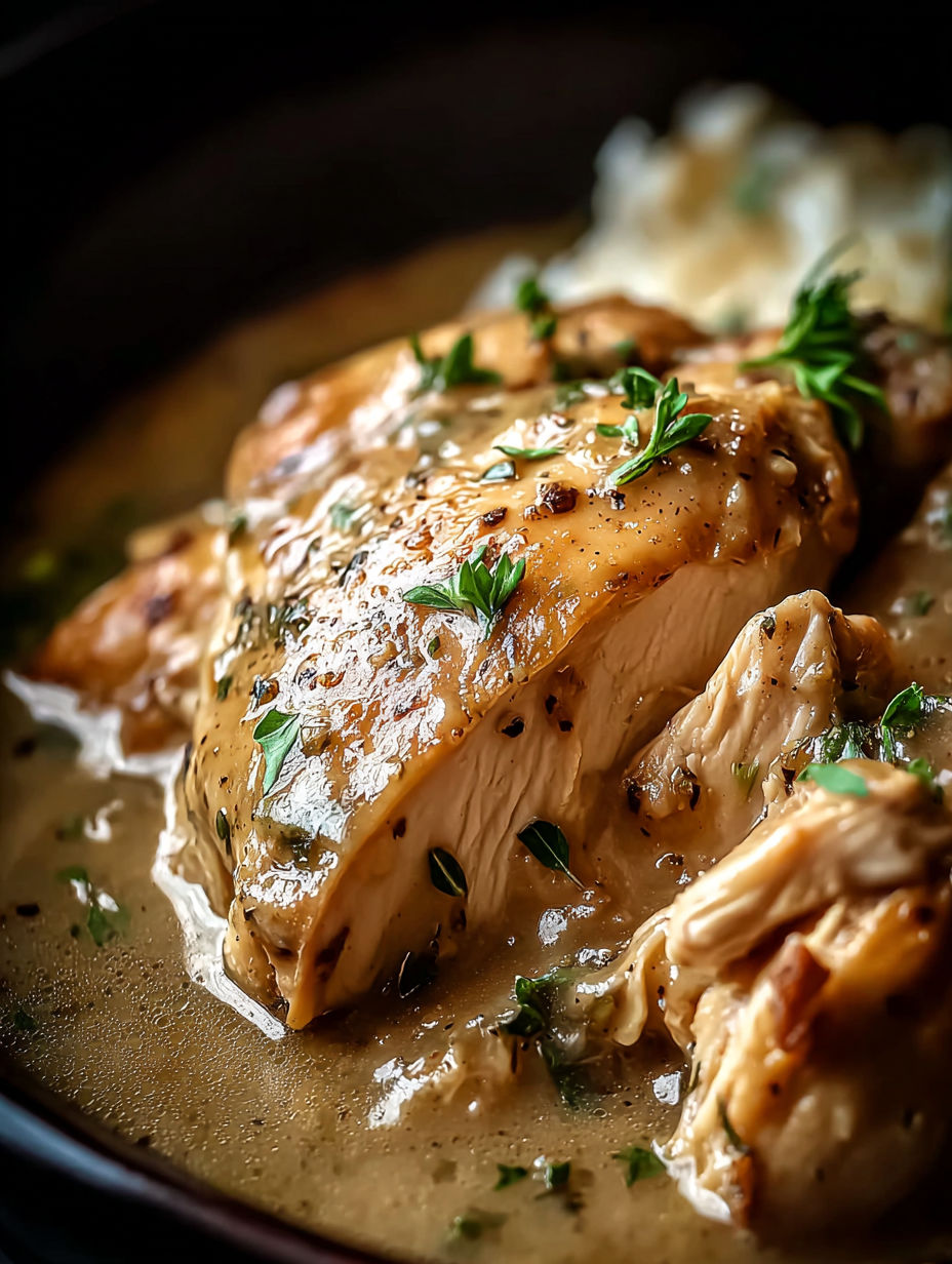 Nahaufnahme einer Hähnchenbrust im Slow Cooker.