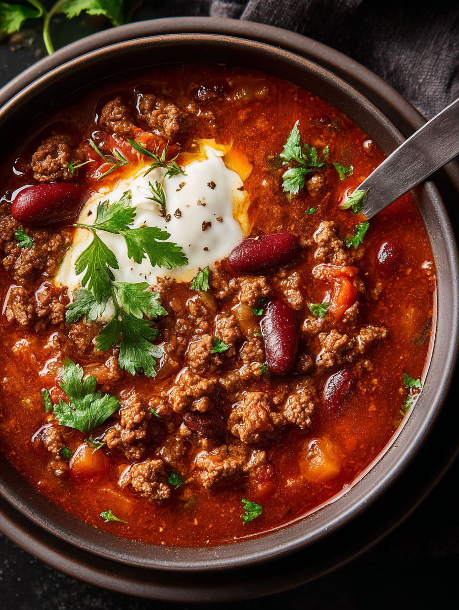 Eine Schüssel Chili-Suppe mit Hackfleisch.