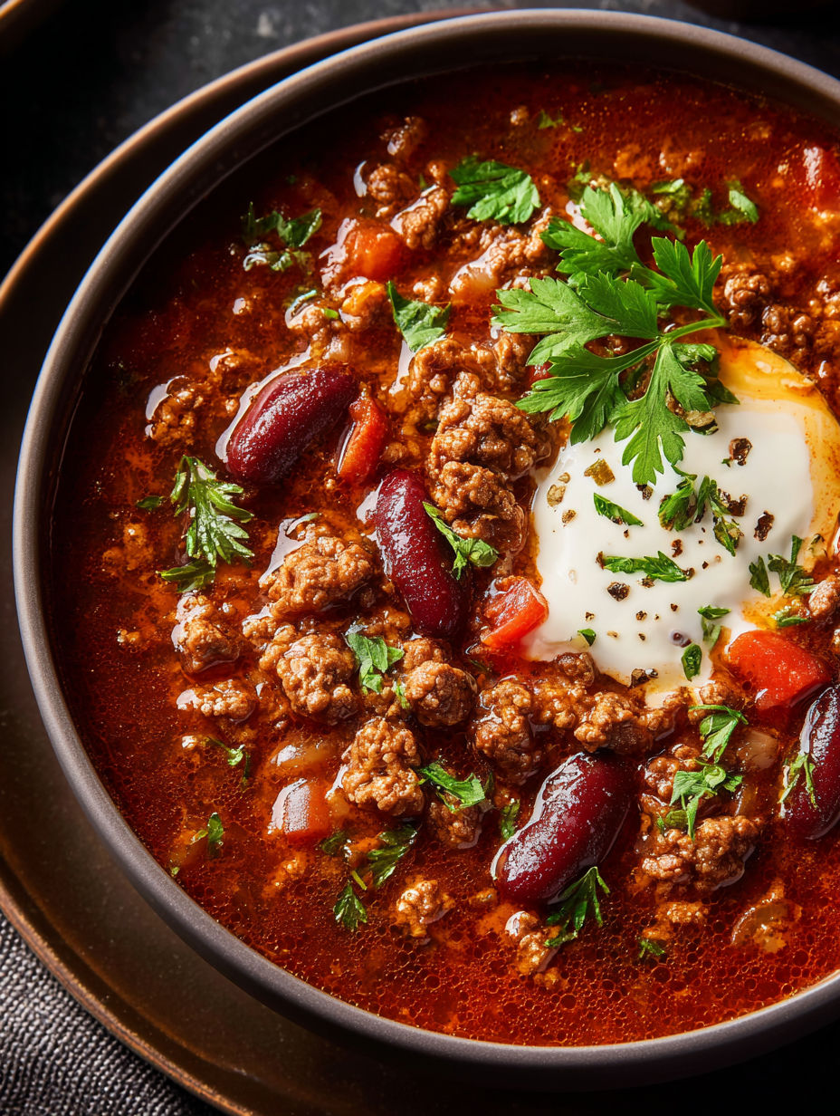 Eine Schüssel Hackfleischsuppe im Chili-Stil.