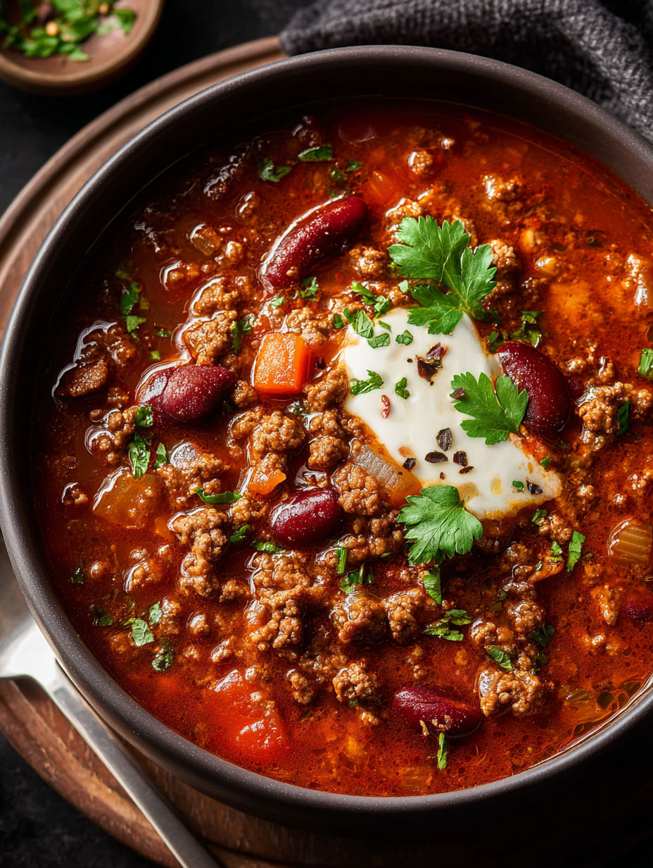 Eine Schüssel Chili-Hackfleisch-Suppe mit einem Klecks Sauerrahm.