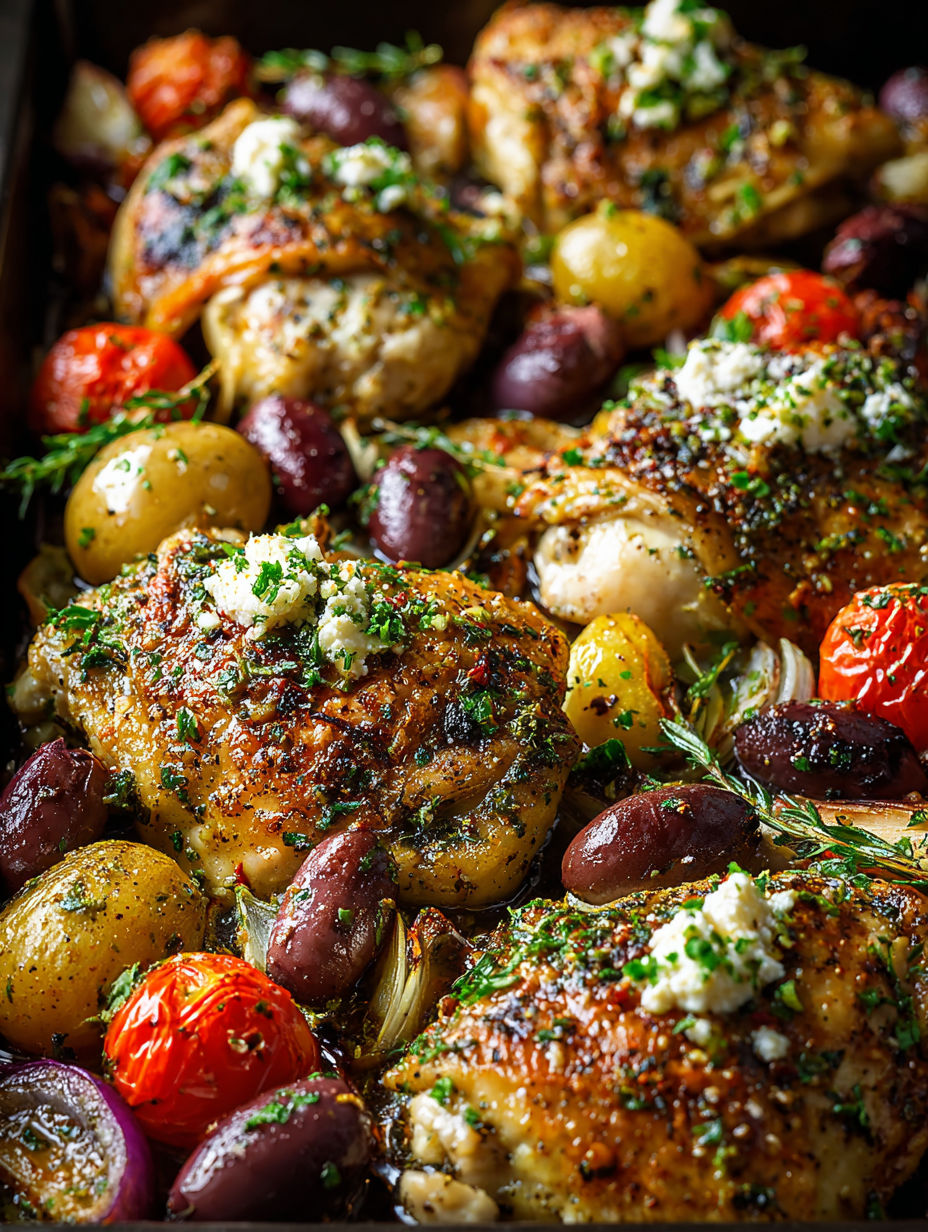 Griechisch angehauchtes Blechhähnchen mit buntem Gemüse und Kräutern.