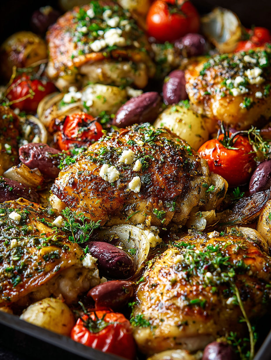 Nahaufnahme des griechisch inspirierten Blechhähnchens.