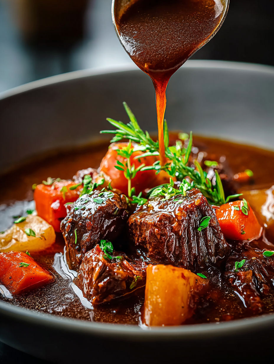 Französisches Rindergulasch mit Sauce darüber geträufelt.