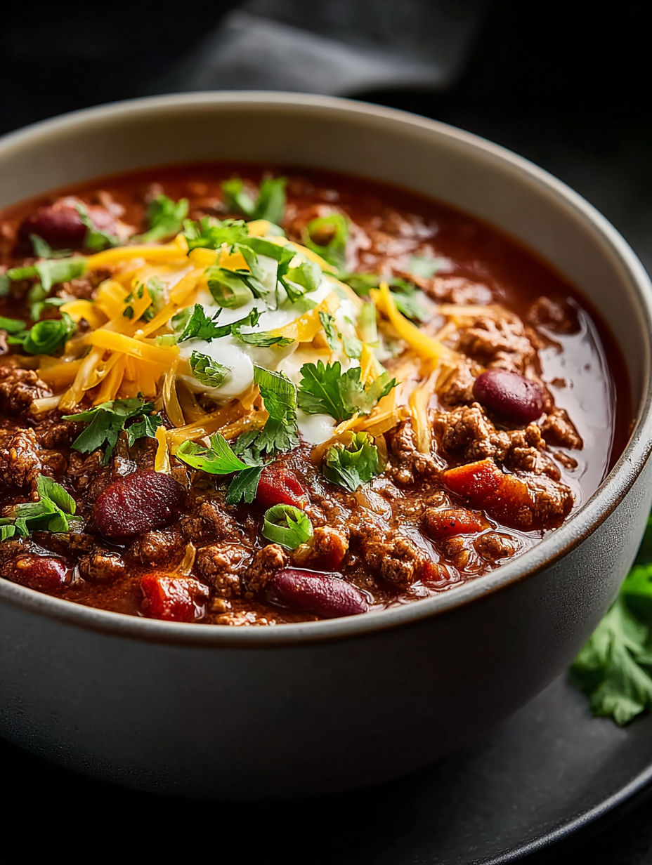 Ein Schälchen Chili mit Käse und Schnittlauch oben drauf.