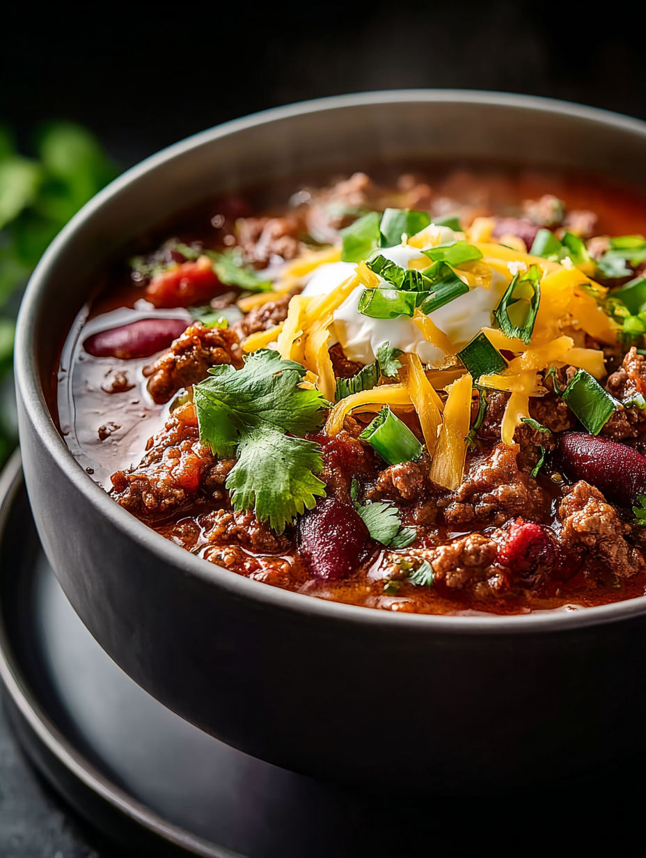 Eine Schüssel Chili mit Käse und Frühlingszwiebeln.