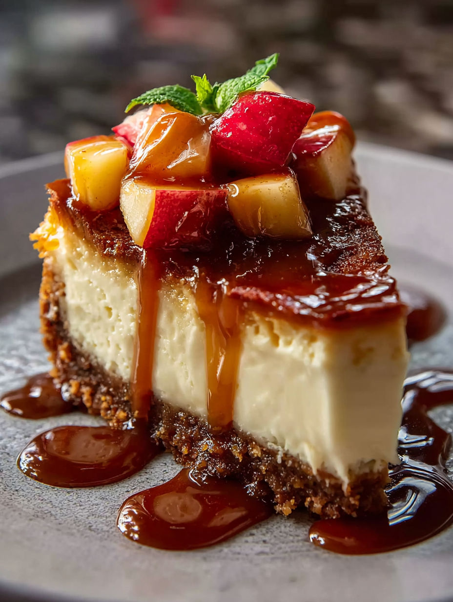 Ein Stück Karamell-Apfel-Käsekuchen.
