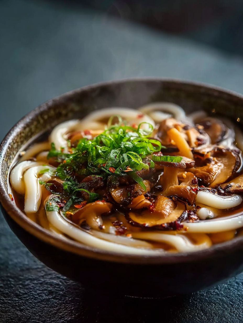 Eine Schale Suppe mit Pilzen und Nudeln.