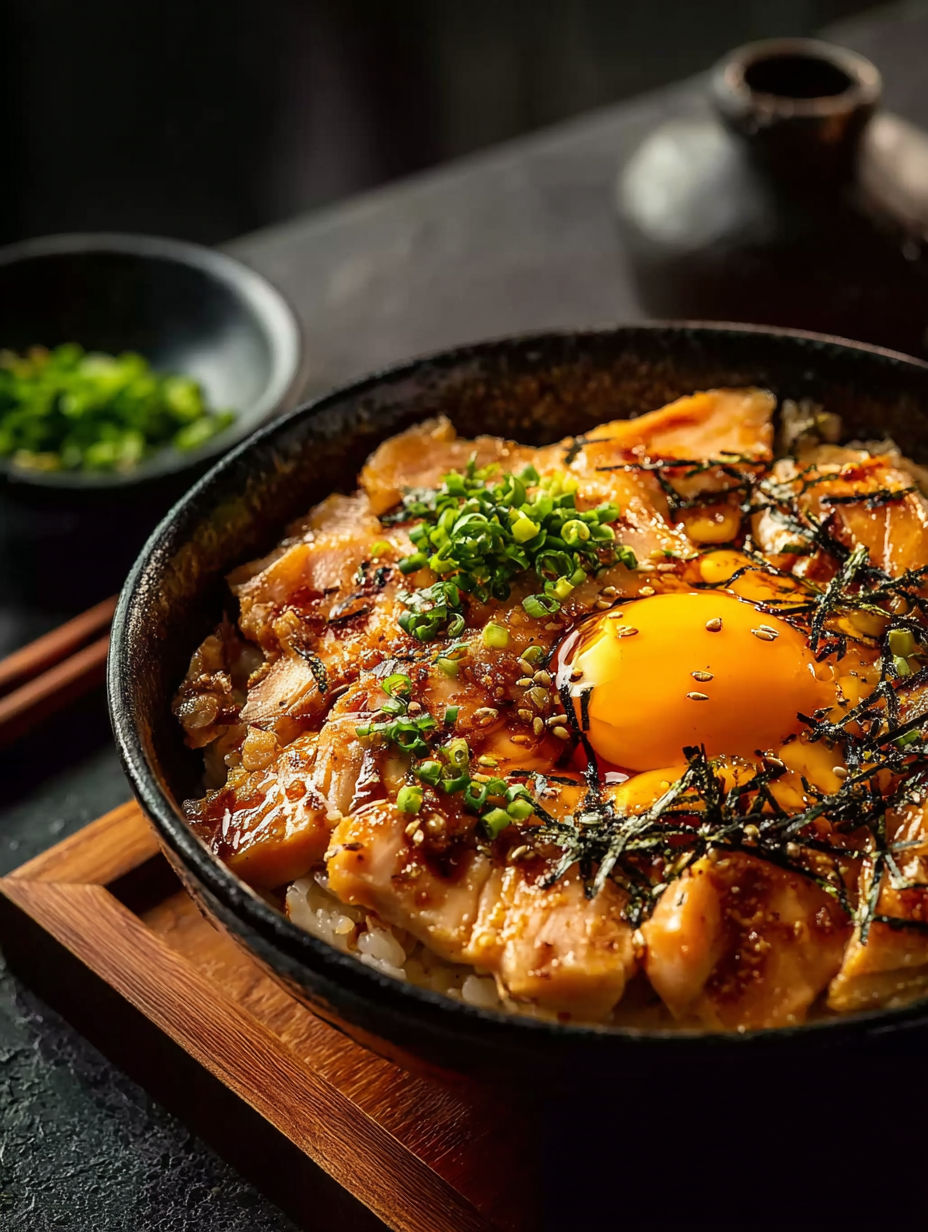 Schüssel mit Oyakodon und Spiegelei oben drauf.