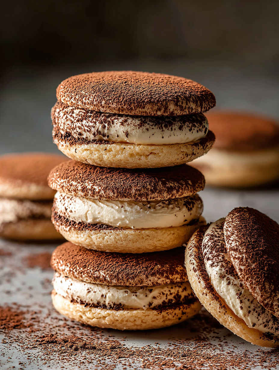 Tiramisu Kekse auf einem Tisch gestapelt.
