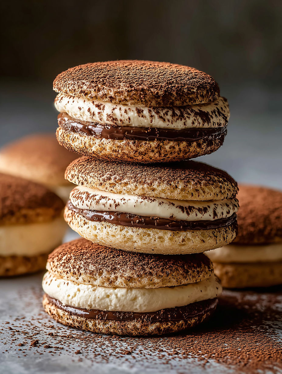 Tiramisu Kekse aufeinander gestapelt.