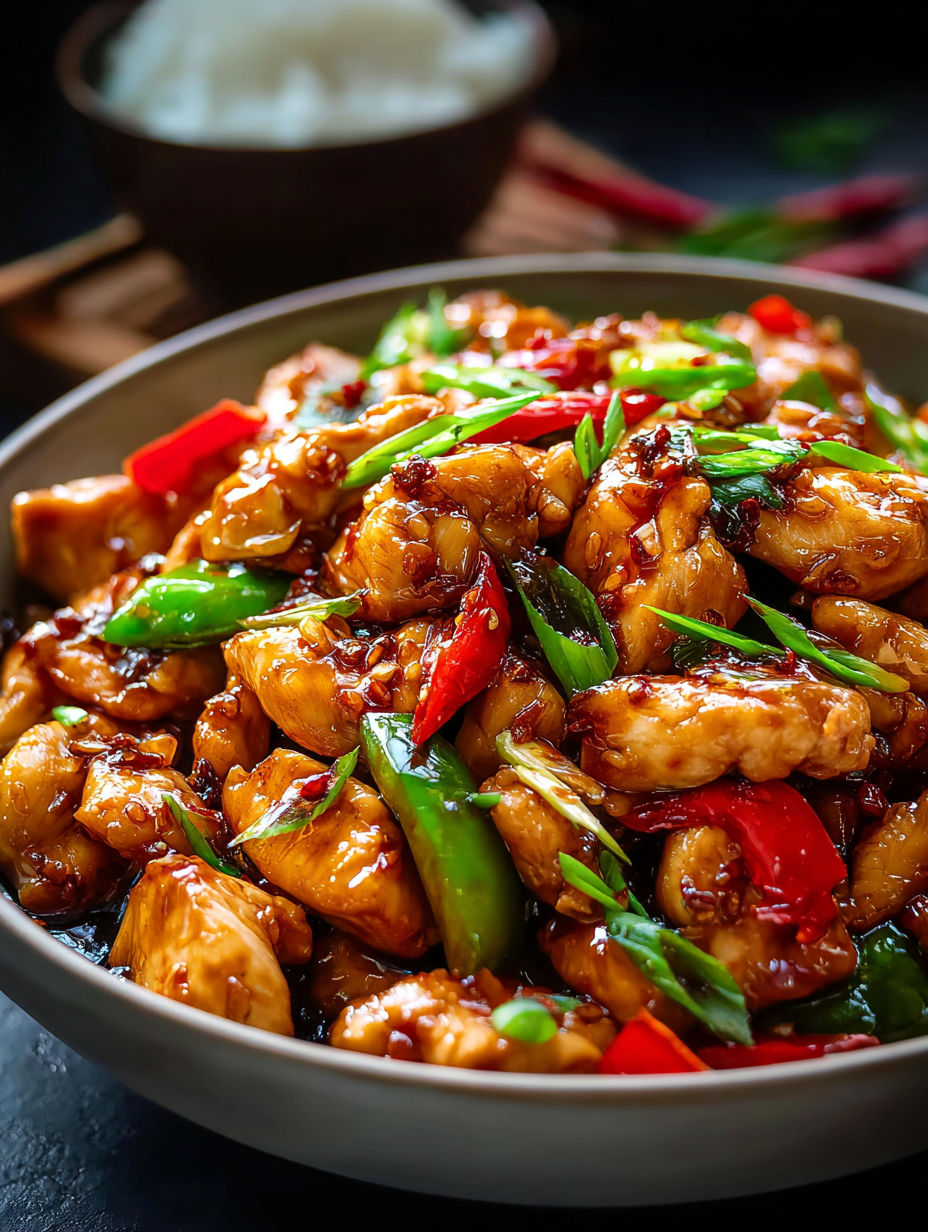 Eine Schüssel chinesisch gebratenes Knoblauch-Hähnchen.