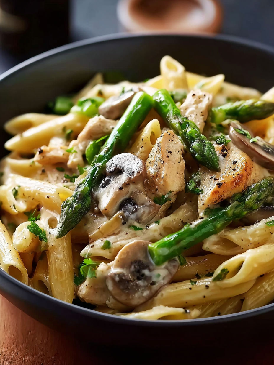 Schale mit cremigen Pilz Spargel Hühnchen Penne.