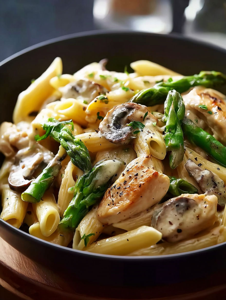 Eine Schüssel cremiges Penne mit Hühnchen, Spargel und Pilzen.