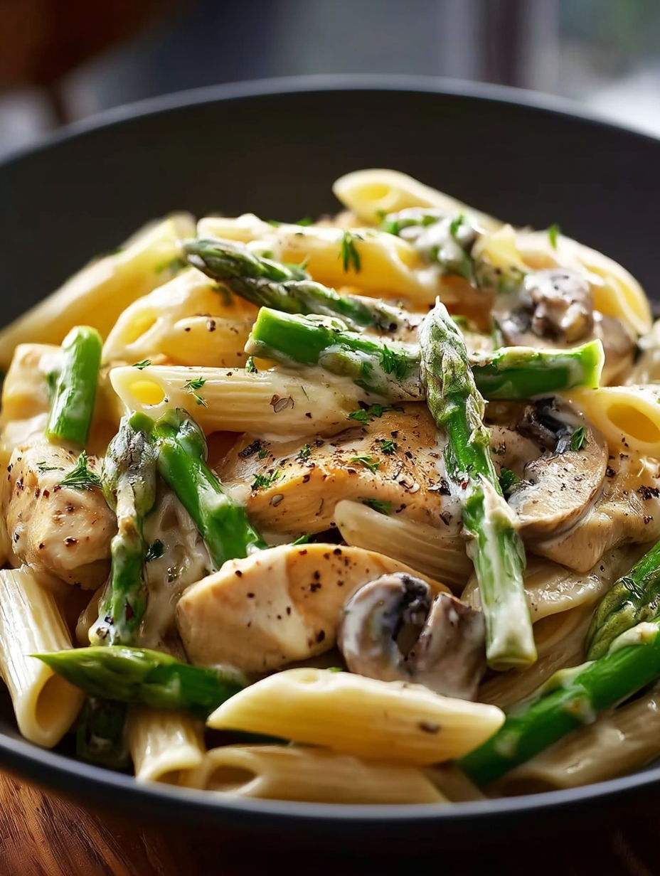 Eine Schüssel cremiges Penne mit Hühnchen, Spargel und Pilzen.