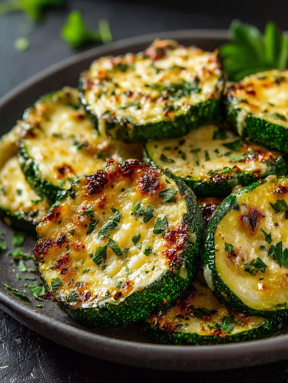 Käsige Knoblauch-Zucchini-Steaks auf einem Teller.