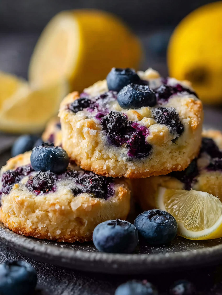 Ein Teller voller Blaubeer-Käsekuchen-Kekse mit Zitronenscheiben.