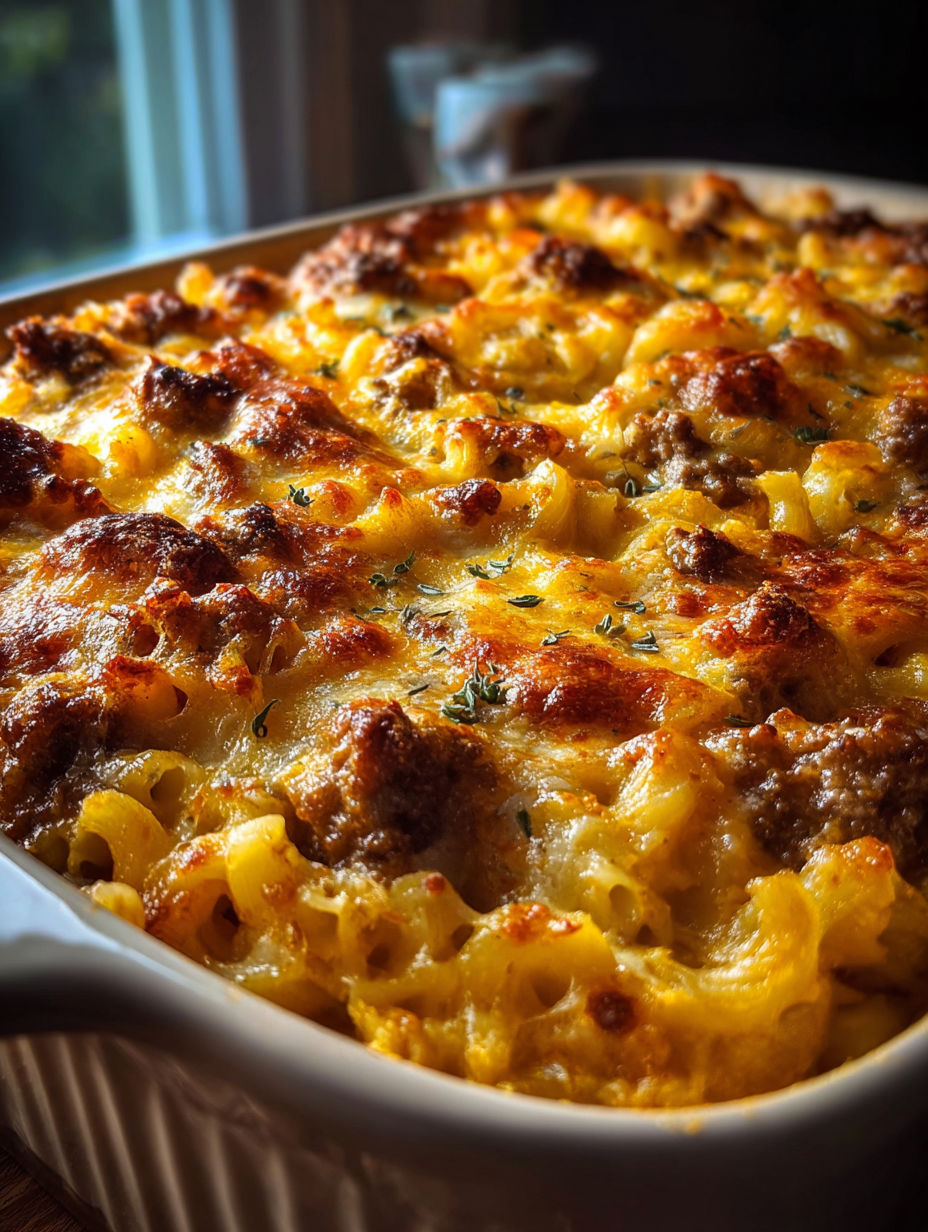 Ein Auflaufform gefüllt mit Hackfleisch und Käse.