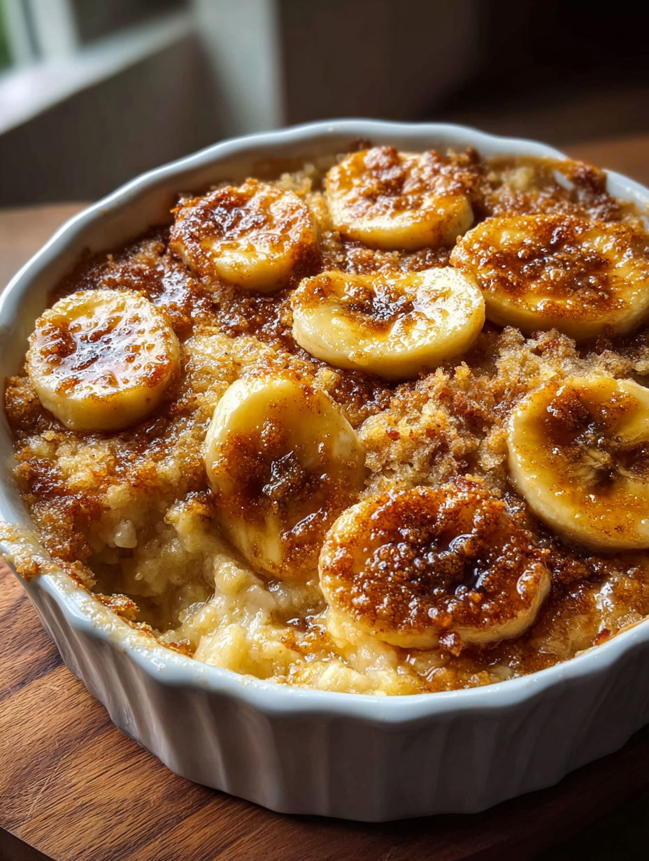 Nahaufnahme eines Banana Cobblers mit Bananen und krümeliger Decke.