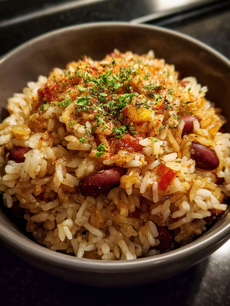 Schüssel Reis mit Bohnen und Gewürzen.