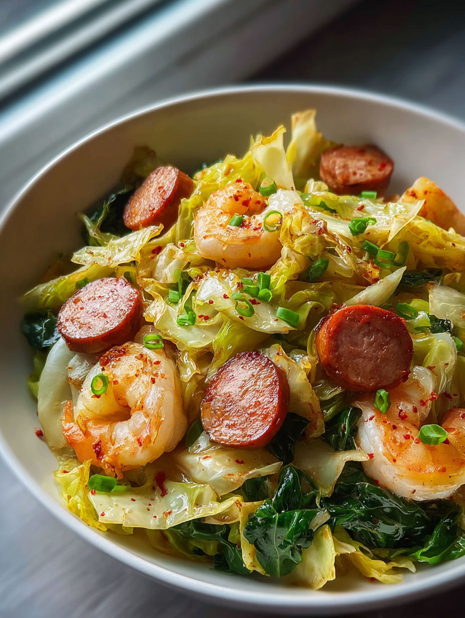 Eine Schüssel mit Essen aus Garnelen, Wurst und Kohl.