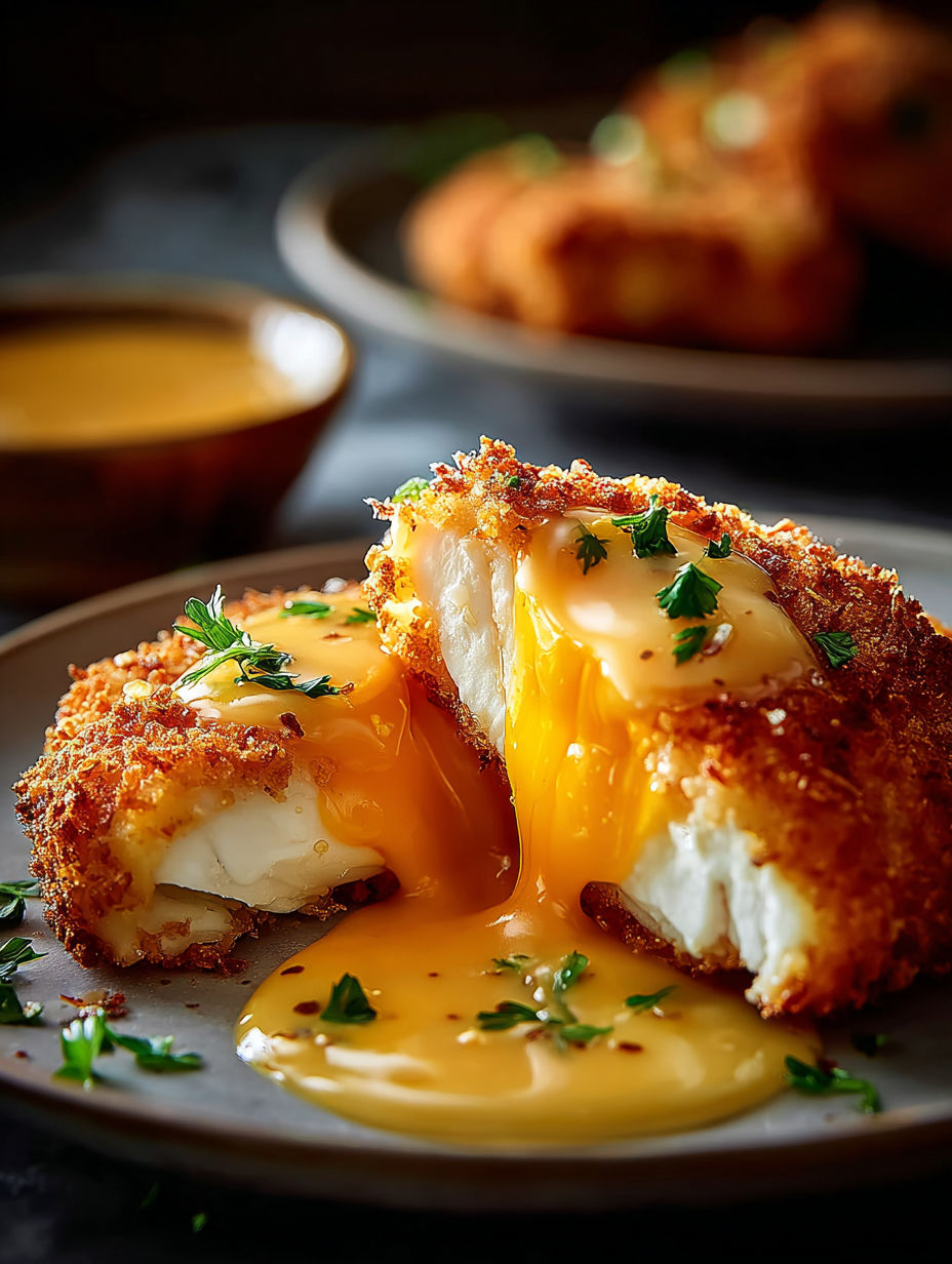 Ein Teller mit knusprigem Cheddar-Hähnchen und Soße