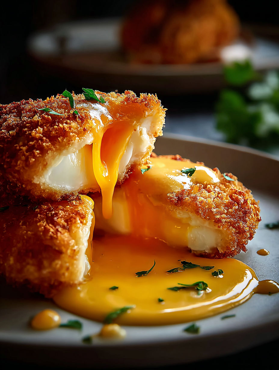 Knuspriges Cheddar-Hähnchen mit flüssigem Eigelb.