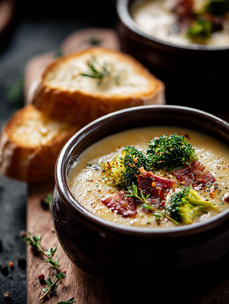 Eine Schüssel Broccoli-Cheddar-Suppe mit einem Stück Brot dazu.