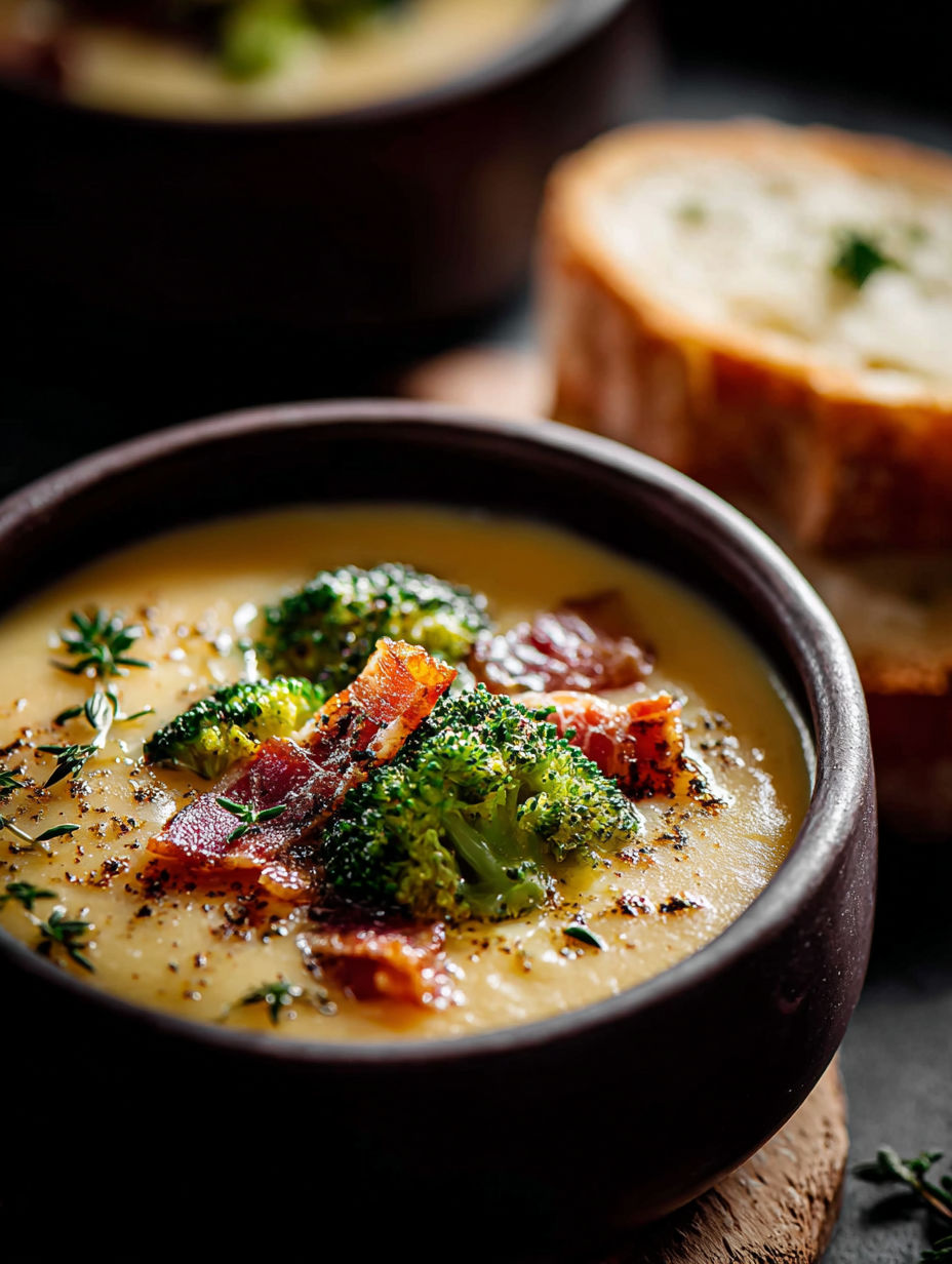 Eine Schüssel Brokkoli-Cheddar-Suppe mit einer Brotscheibe daneben.