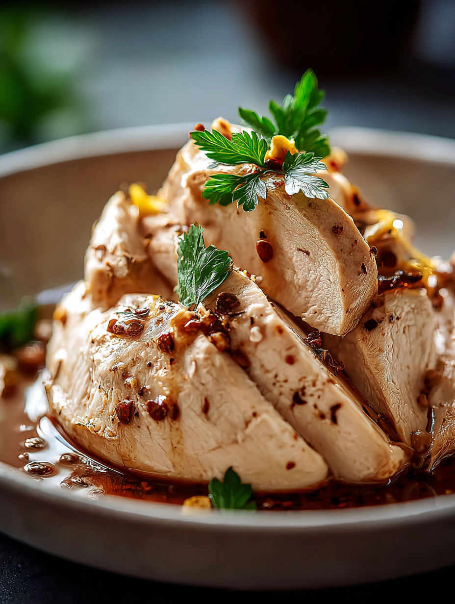 Schüssel mit Hähnchen und Kräutern und Gewürzen.