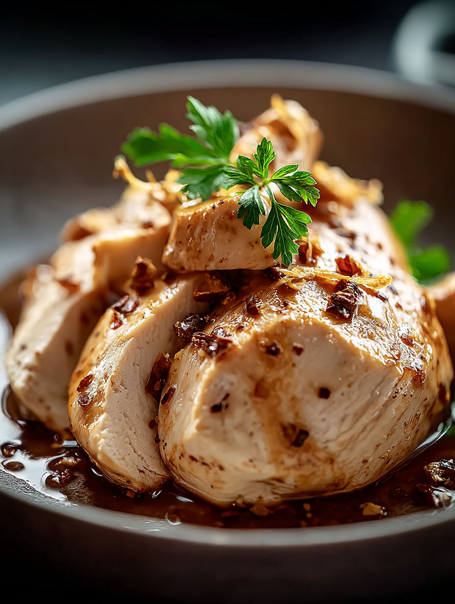 Teller mit Hähnchen und grünem Deko.