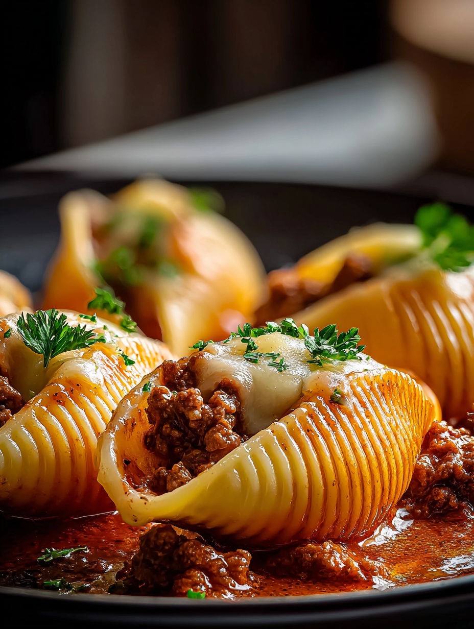 Gefüllte Nudelschalen mit Hackfleisch.