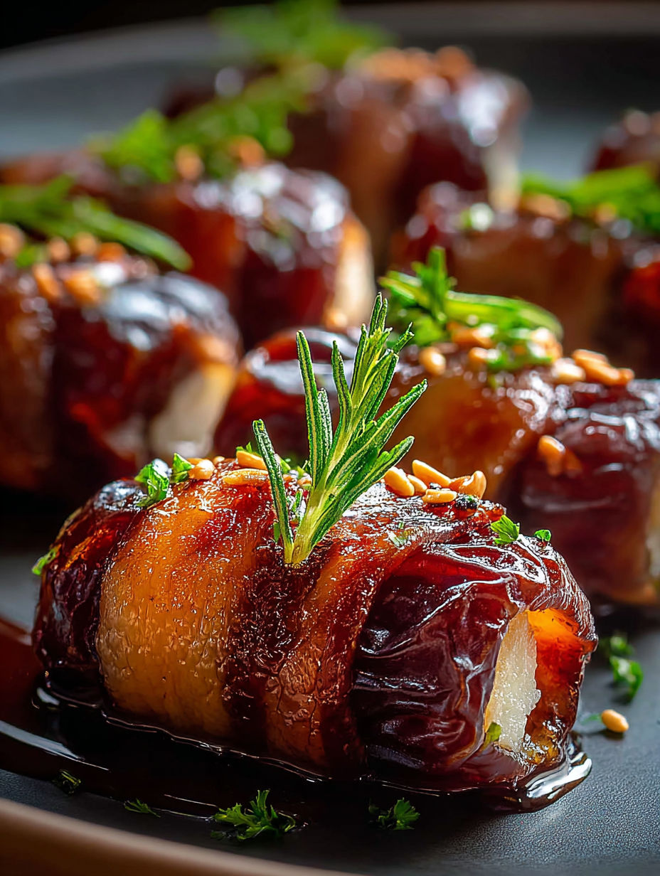 Datteln umwickelt mit Rindfleisch und Zweig Rosmarin.