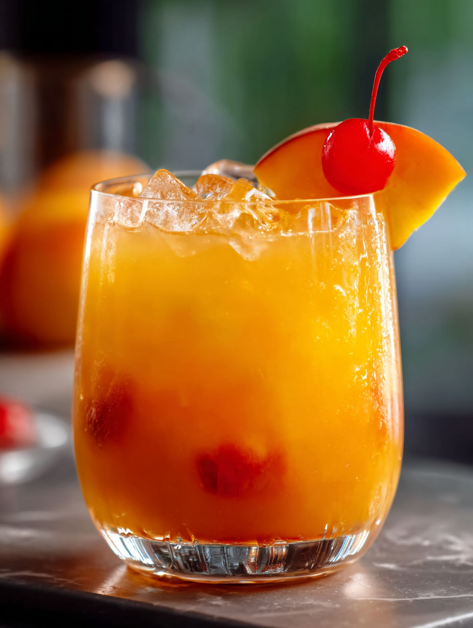 Ein Glas mit Pfirsich Tequila Punch.