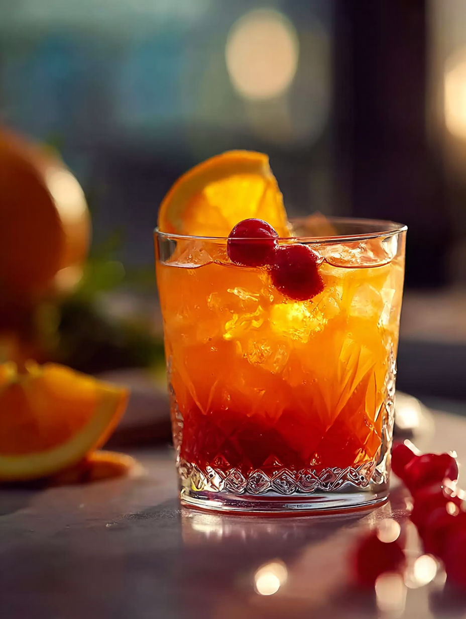 Ein Glas Tequila Sunset mit Orangenscheibe und Kirsche oben drauf.