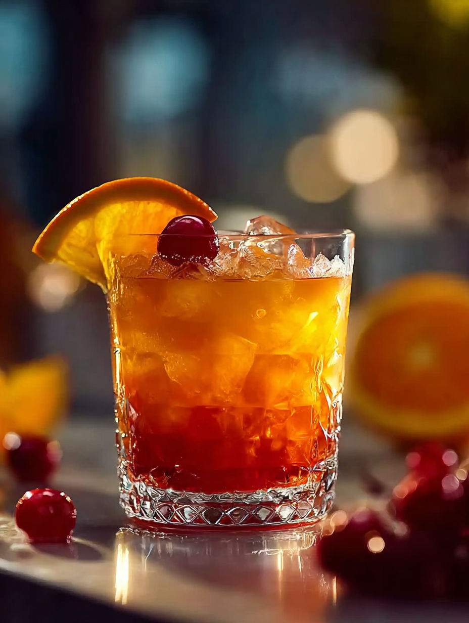 Ein Glas Tequila Sunset mit Kirsche oben drauf.