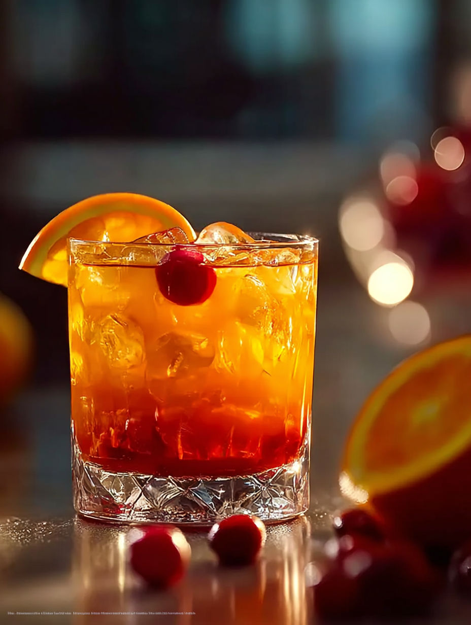 Ein Glas Tequila Sunset mit Orangenscheibe.