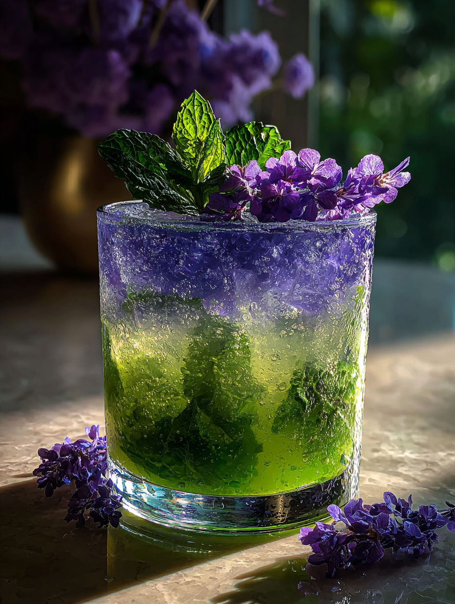 Ein Glas mit alkoholfreiem Lavendel Mojito.