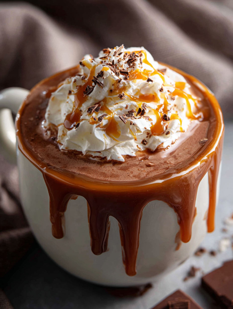 Eine Tasse heiße Schokolade mit gesalzenem Karamell.