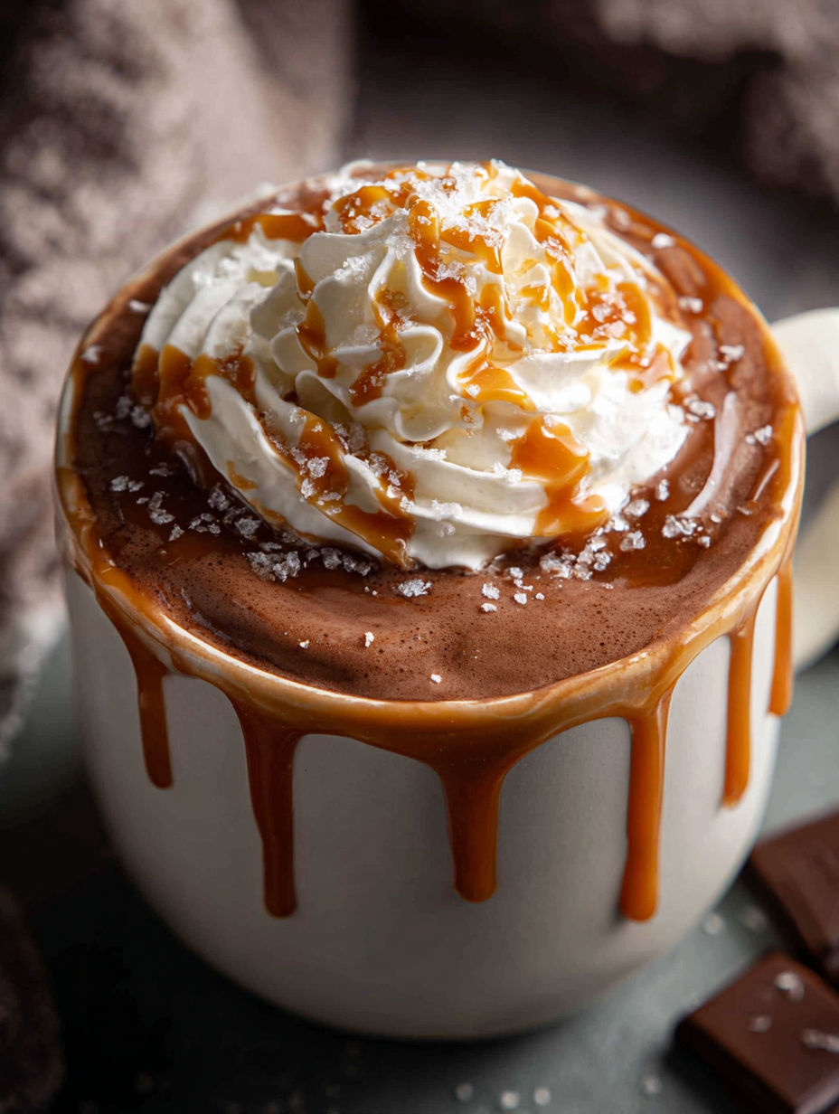Eine Tasse heiße Schokolade mit gesalzenem Karamell.