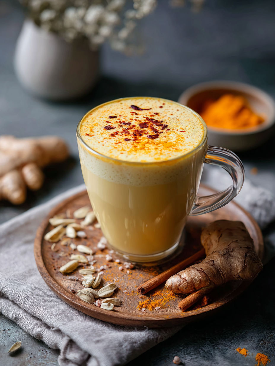 Eine Tasse cremige Goldmilch mit Kurkuma.