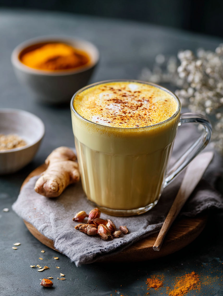 Ein Glas cremige, goldene Milch mit Kurkuma.