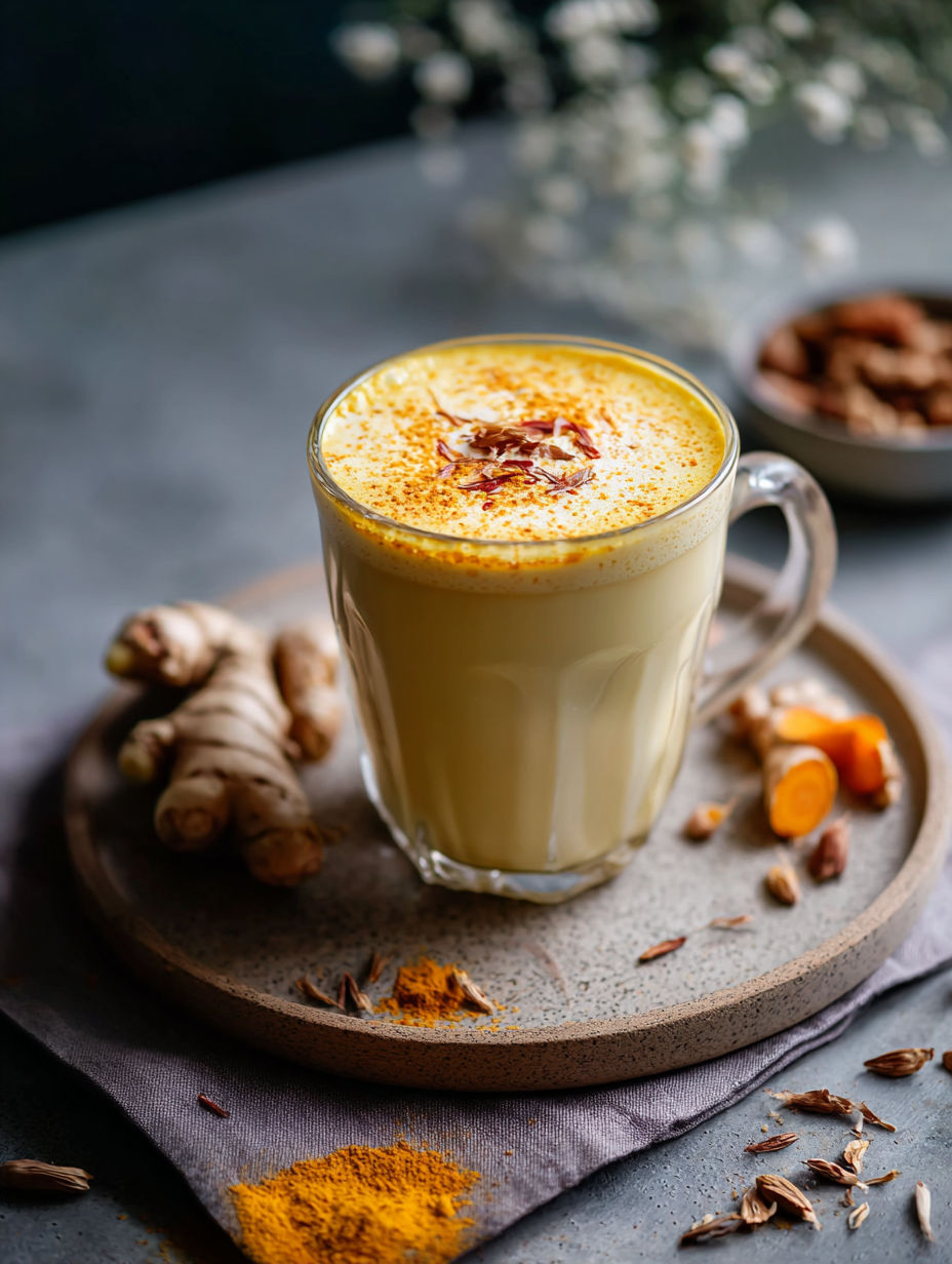 Ein Glas cremige, goldene Milch mit Kurkuma.