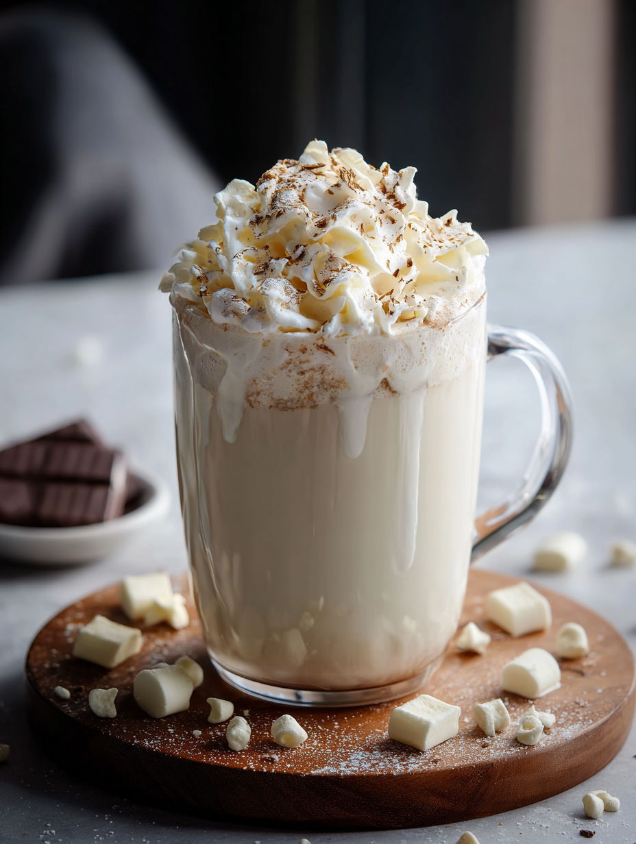 Eine Tasse weiße heiße Schokolade mit Schlagsahne oben drauf.