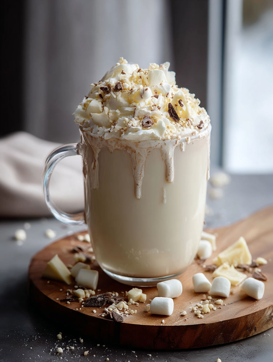 Ein Glas weiße heiße Schokolade mit Marshmallows oben drauf.