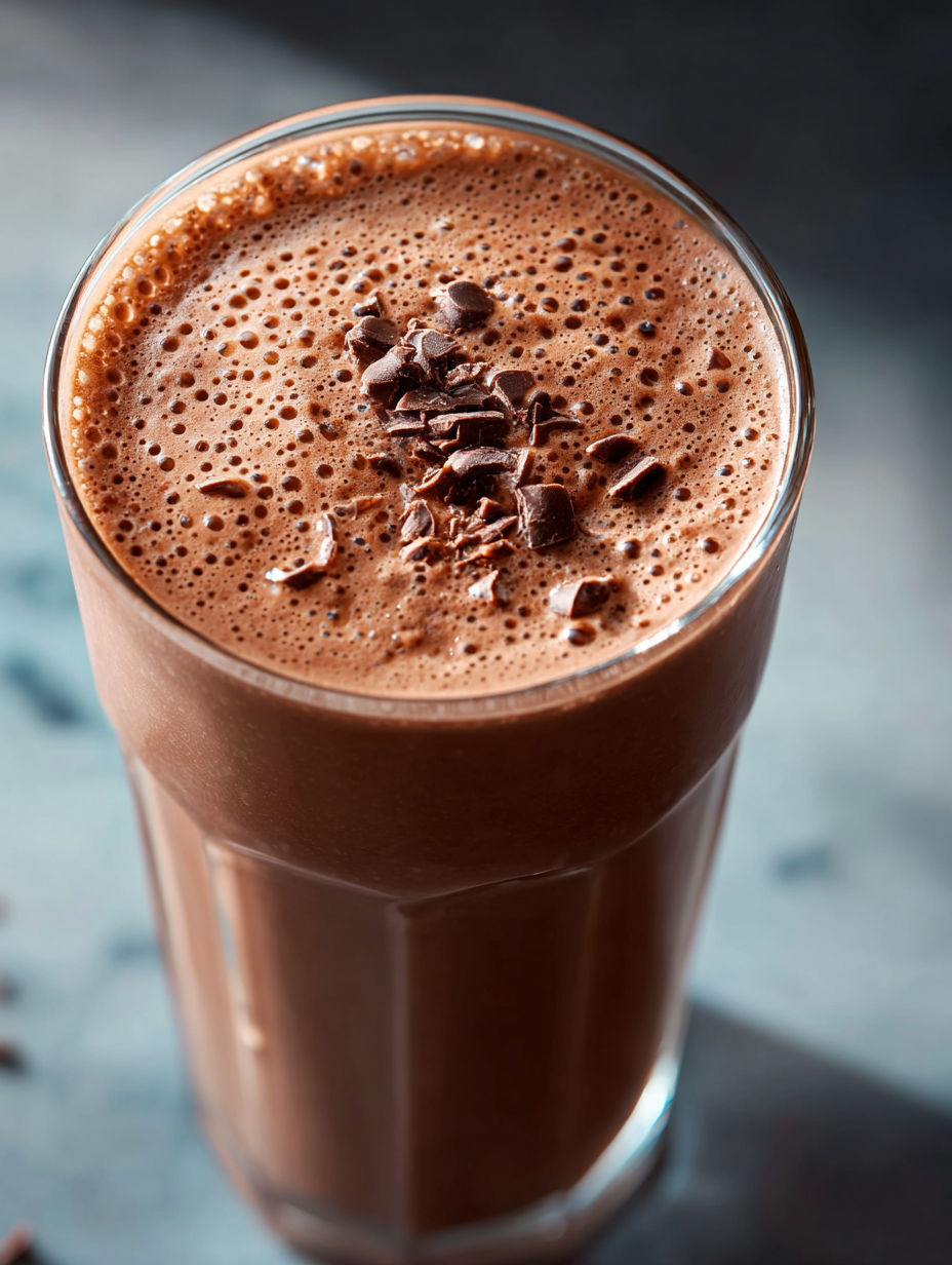 Ein Glas mit Schoko-Protein-Drink und Schokostückchen oben drauf.