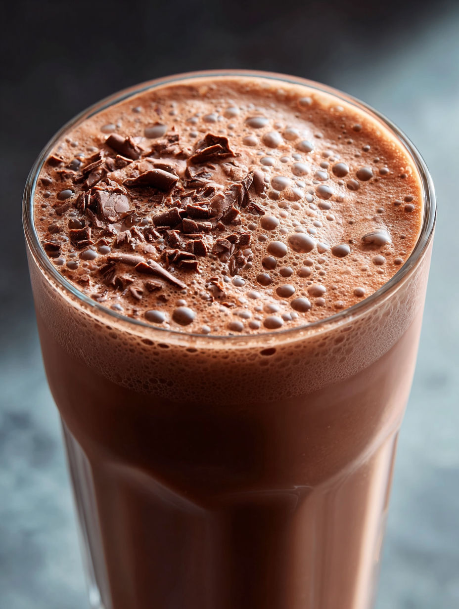 Ein Glas mit Schoko-Protein-Drink und Schokostückchen oben drauf.