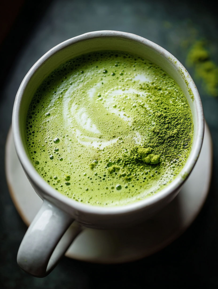 Grüner Tee Latte im Becher mit grünen Teeblättern