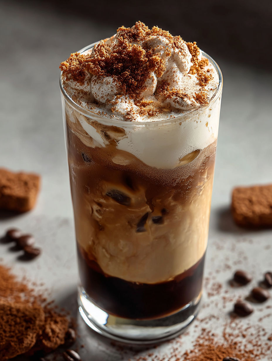 Ein Glas Eiskaffee mit einer Prise Kakaopulver obendrauf.