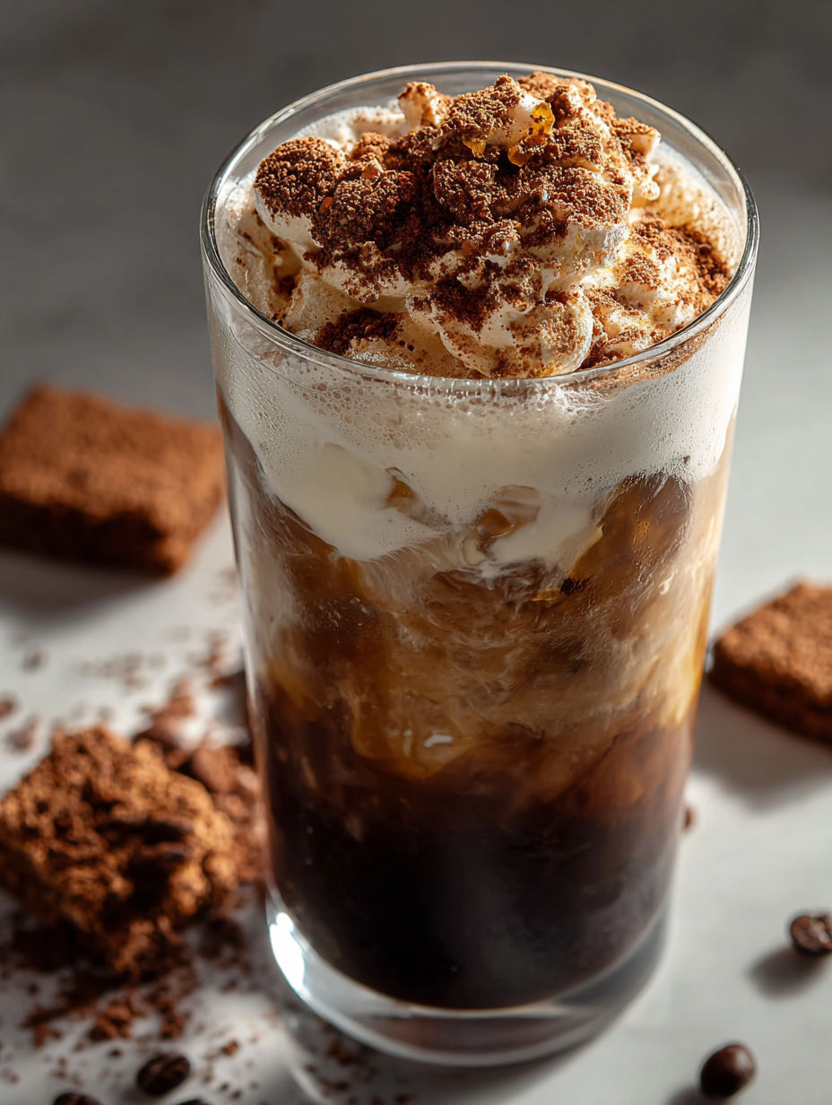 Ein Glas Eiskaffee mit einem Stück Schokokuchen dazu.